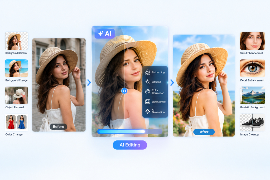 AI image editing showing before and after photo enhancement