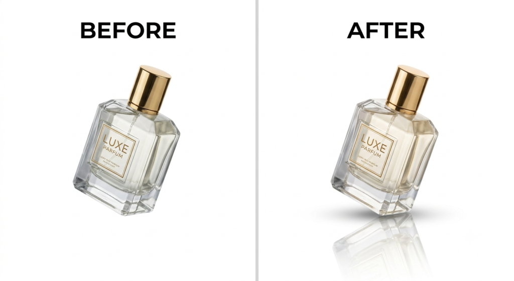 Perfume Bottle Photo Before and After Reflection Shadow Editing