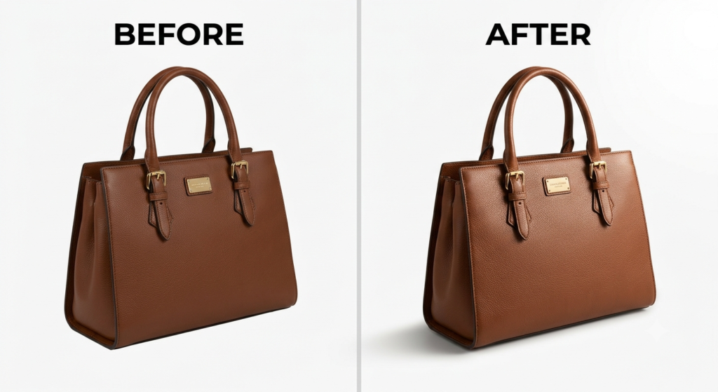 Brown leather handbag comparison image showing no shadow versus natural realistic drop shadow